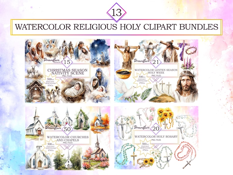 366 Watercolor Religious Holy Clipart Mega Bundle, Christian PNG, Catholic PNG, Religious PNG, Nativity Scene, Holy Week, Commercial Use 画像 2