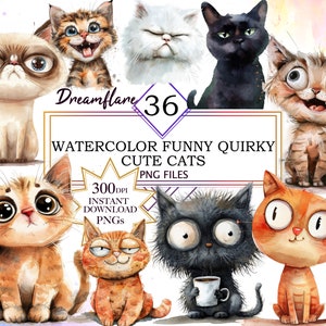 Watercolor Cute Funny Quirky Cat Clipart Bundle, Quirky Cats PNG, Angry Cat, Cartoon Animal, Commercial Use, Digital Download, Junk Journal