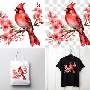 Puede incluir: Una pintura de acuarela de un cardenal rojo posado en una rama con flores rosadas. El p&aacute;jaro est&aacute; mirando hacia la izquierda y tiene un pico largo y puntiagudo. Las flores est&aacute;n en plena floraci&oacute;n y tienen un efecto delicado de acuarela.