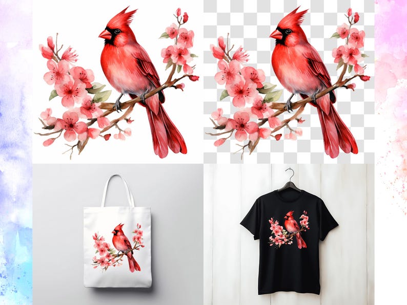 Puede incluir: Una pintura de acuarela de un cardenal rojo posado en una rama con flores rosadas. El p&aacute;jaro est&aacute; mirando hacia la izquierda y tiene un pico largo y puntiagudo. Las flores est&aacute;n en plena floraci&oacute;n y tienen un efecto delicado de acuarela.