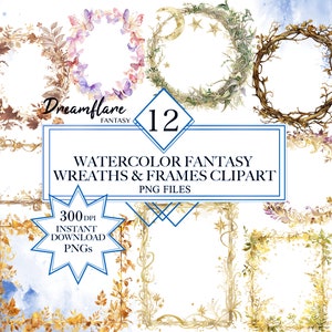 May include: Twelve watercolor fantasy wreaths and frames clipart in PNG format. The frames are decorated with leaves, flowers, butterflies, stars, and moons. The frames are perfect for adding a touch of whimsy to your digital designs.