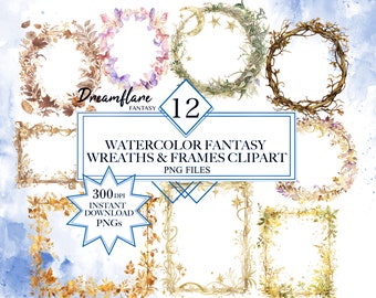 Watercolor Fantasy Wreaths & Frames PNG Bundle, Wreath Clipart, Frame Clipart, Magical Fantasy PNG, Digital Printable File, Commercial Use