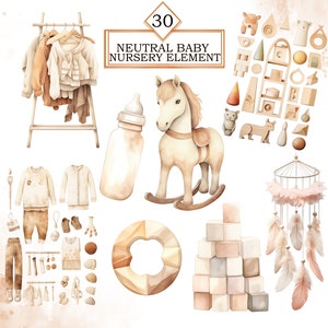 May include: 30 Neutral Baby Nursery Element Watercolor Clipart Set. This set includes a rocking horse, a baby bottle, a wooden toy, a dreamcatcher, a wooden ring, a clothes rack with clothes, and more.