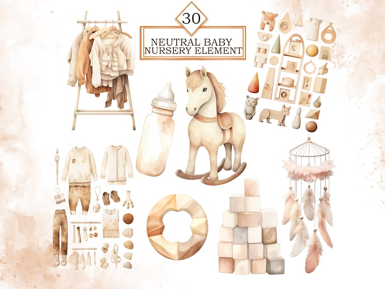 May include: 30 Neutral Baby Nursery Element Watercolor Clipart Set. This set includes a rocking horse, a baby bottle, a wooden toy, a dreamcatcher, a wooden ring, a clothes rack with clothes, and more.