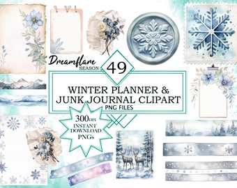 49 Watercolor Winter Journal Clipart Bundle, Winter Clipart, Journal Clipart, Journal Making, Scrapbooking, Commercial Use