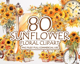 Pode incluir: Uma ilustração digital de 80 imagens de clipart de girassol em aquarela. Os girassóis são amarelos com centros marrons e folhas verdes. O texto "80 Sunflower Floral Clipart" está escrito em letras marrons. O texto "PNG Files | Full Commercial Use" está escrito em letras pretas.