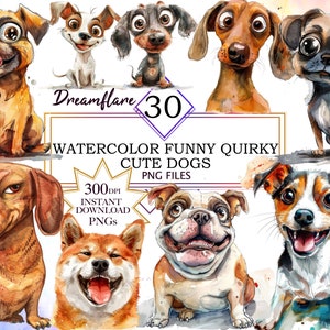 30 Watercolor Cute Funny Dog Clipart Bundle, Quirky Puppies PNG, Angry Dog, Cartoon Animal, Commercial Use, Digital Download, Junk Journal