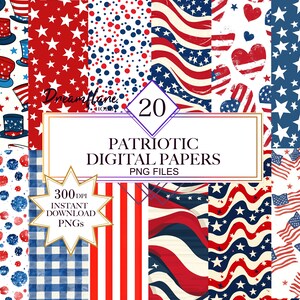 Könnte beinhalten: 20 digitale Papiere mit patriotischen Motiven. Die Papiere zeigen die Farben Rot, Weiß und Blau und Designs wie Sterne, Streifen, Gingham, Punkte und Hüte. 300 DPI PNG-Dateien. Sofortiger Download.