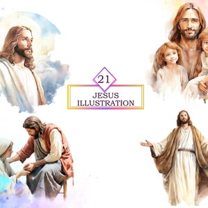 May include: A collection of 21 watercolor illustrations of Jesus in various poses and settings. The illustrations depict Jesus with children, praying, and with a woman. The text "21 JESUS ILLUSTRATION" is displayed in a purple and gold box.