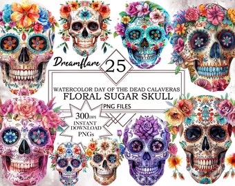 May include: A set of 25 digital watercolor illustrations of floral sugar skulls. The skulls are decorated with colorful flowers and intricate designs. The illustrations are perfect for use in crafting, scrapbooking, and other creative projects.