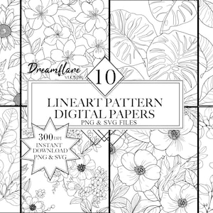 Motifs botaniques Line Art PNG & SVG Bundle, Conception de cartes à motifs floraux, Papier numérique à colorier, Fichier imprimable numérique, Utilisation commerciale
