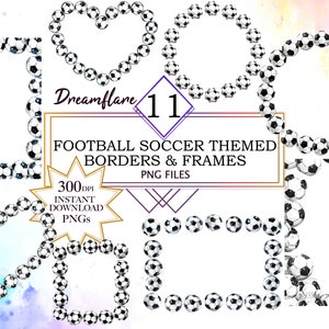 Puede incluir: Conjunto de 11 marcos digitales de fútbol en varias formas, incluyendo corazón, círculo y cuadrado. Los marcos están hechos de balones de fútbol blanco y negro y son perfectos para agregar un toque deportivo a tus diseños.