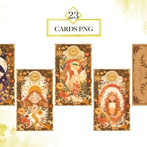 May include: Set of five tarot cards with illustrations of women in floral settings. The cards are numbered XVIII, XIX, XX, XXI, and a blank card with a floral design. The cards are in a vintage style with gold accents.