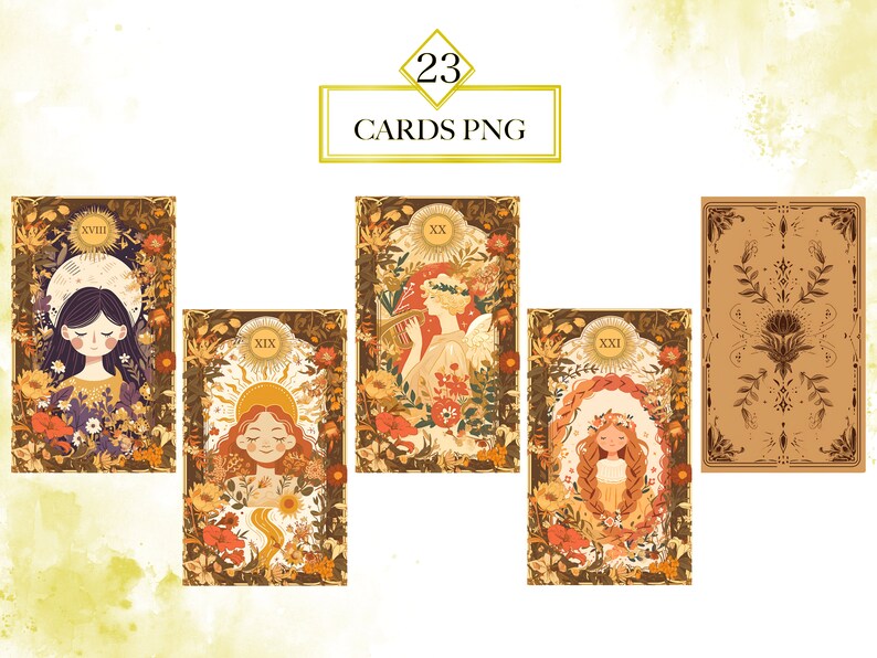 May include: Set of five tarot cards with illustrations of women in floral settings. The cards are numbered XVIII, XIX, XX, XXI, and a blank card with a floral design. The cards are in a vintage style with gold accents.
