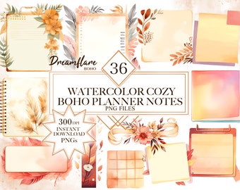 Watercolor Boho Planner PNG Clipart Bundle, Boho Planner Digital Download, Boho Clipart, Crafty Girl Clipart, Boho Journal Printable PNG