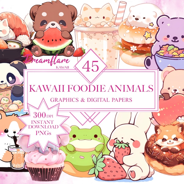 Kawaii Foodie Animals PNG Bundle, Kawaii Animals, Cute Food Clipart, Kawaii Food PNG, Cute Japanese Foods, Adorable Digital Papers