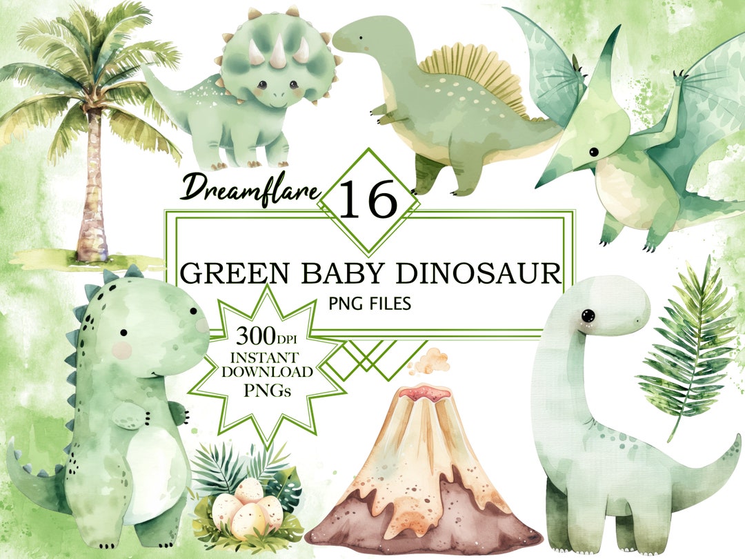 Watercolor Green Baby Dinosaur Clipart PNG Bundle, Baby Shower, Nursery ...