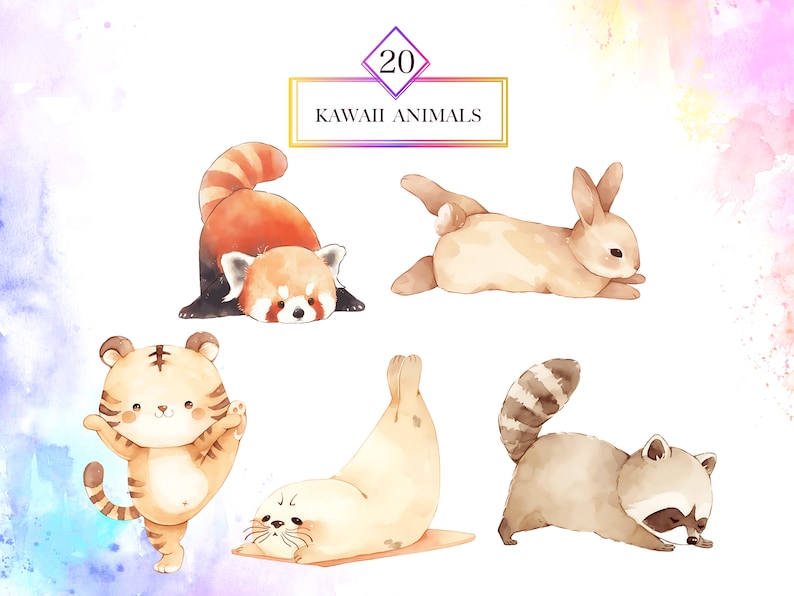 Op de afbeelding: Een set van 20 aquarel illustraties van schattige dieren, waaronder een rode panda, een konijn, een tijger, een zeehond en een wasbeer. De illustraties zijn in kawaii-stijl, met grote ogen en afgeronde kenmerken. De dieren zijn allemaal in verschillende poses, sommige zitten, sommige staan en sommige liggen. De illustraties zijn perfect voor gebruik in scrapbooking, kaart maken of andere knutselprojecten.