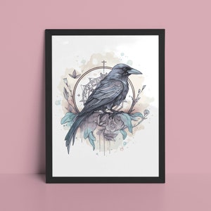 May include: A black crow perched on a branch with blue and green watercolour flowers and leaves. A geometric compass design is behind the crow.