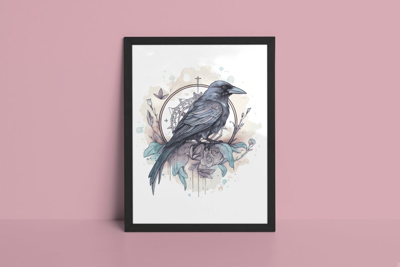 May include: A black crow perched on a branch with blue and green watercolour flowers and leaves. A geometric compass design is behind the crow.