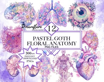 May include: A set of 12 digital illustrations of floral anatomy in pastel goth style. The images include a brain, lungs, kidneys, heart, eye, and a full body figure. Each image is 300 DPI and available for instant download.