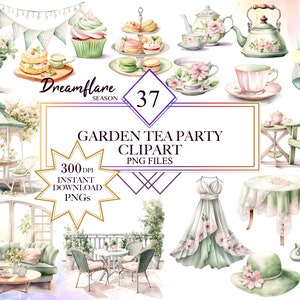Könnte beinhalten: Ein Set mit 37 Aquarell-Illustrationen für eine Garten-Teeparty. Die Illustrationen beinhalten einen Pavillon, einen Tisch mit Stühlen, ein Teeservice, einen Cupcake, ein Kleid, einen Hut, Sandalen und eine Geige. Die Illustrationen sind perfekt zum Erstellen von Einladungen, Karten oder anderen Bastelarbeiten.