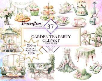 Watercolor Garden Tea Party Clipart Bundle, Garden Botanical Plants PNGs, Tea Time, Cottagecore Clip Art, Spring Picnic, Scrapbooking Files