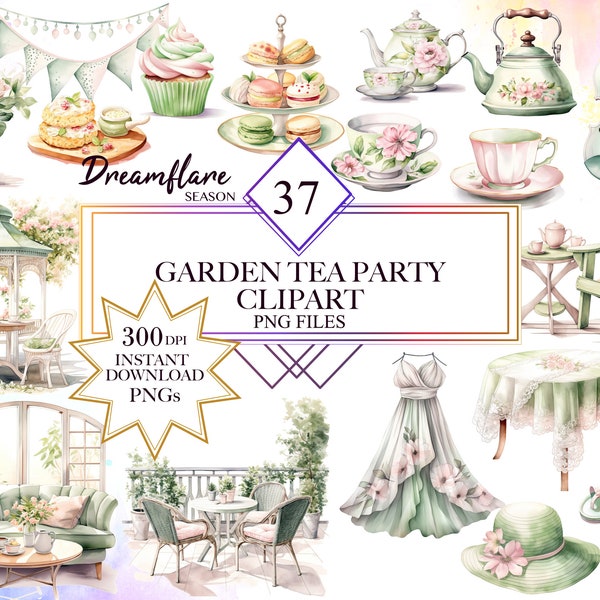 Watercolor Garden Tea Party Clipart Bundle, Garden Botanical Plants PNGs, Tea Time, Cottagecore Clip Art, Spring Picnic, Scrapbooking Files