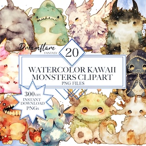 Akwarela Kawaii potwory clipartów, ładny potwór PNG, potwór clipart, magiczna fantazja PNG, cyfrowy plik do druku, użytek komercyjny