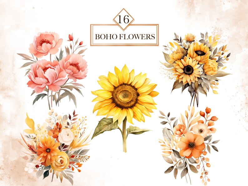 May include: A set of 16 watercolour illustrations of boho flowers, including sunflowers, peonies, and other floral arrangements in shades of yellow, orange, and pink. The illustrations are perfect for adding a touch of nature to your designs.
