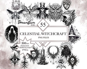Celestial Witchcraft Clip Art, Creepy Cute, Occult Sublimation, Mystical Art, Wiccan PNG, Horror Witchy, Digital Download, Commercial Use