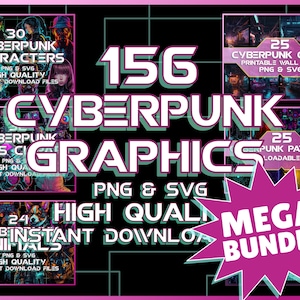 156 Futuristic Cyberpunk Graphics Mega Bundle, PNG SVG Vector Graphic, Sci-Fi Graphic Design, Cyborg Characters, Space Theme, Clipart Bundle