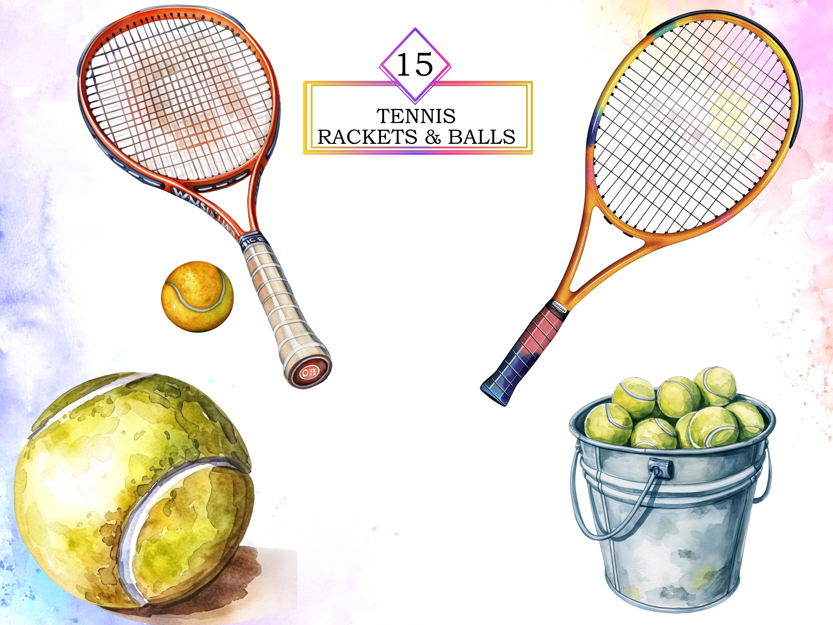 Watercolor Tennis Rackets & Balls Clipart PNG Bundle, Scrapbooking Png ...