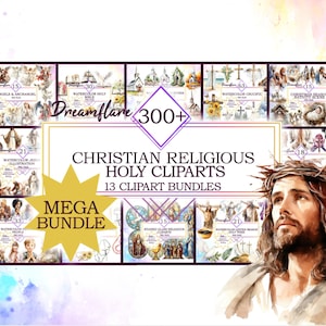 366 Watercolor Religious Holy Clipart Mega Bundle, Christian PNG, Catholic PNG, Religious PNG, Nativity Scene, Holy Week, Commercial Use 画像 1