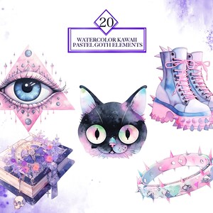 20 Watercolor Kawaii Pastel Goth Elements
