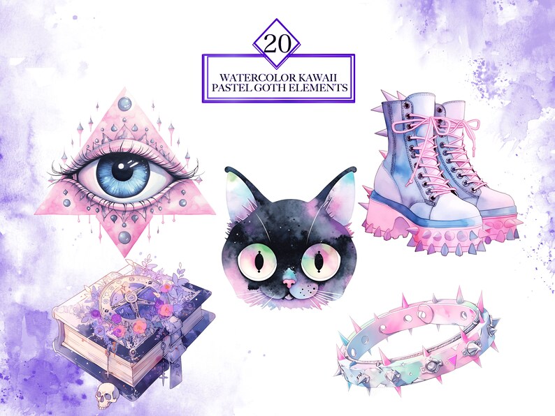20 Watercolor Kawaii Pastel Goth Elements