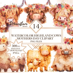Watercolor Highland Cows Clipart Bundle Boho Floral Cow PNG Highland ...