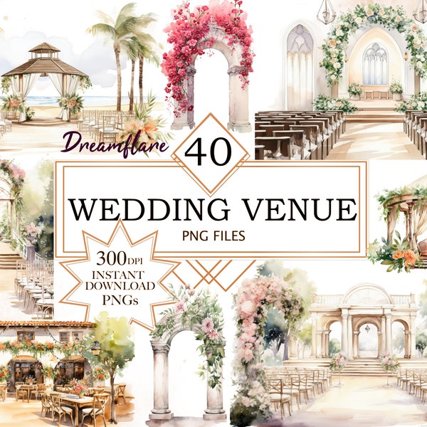 40 Watercolor Wedding Theme Venues Clipart, Wedding Clipart, Bridal Clipart, Wedding PNG, Digital Download File, Commercial Use