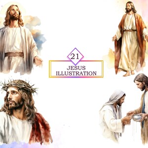 May include: A collection of 21 watercolor illustrations of Jesus in various poses. The illustrations depict Jesus with a crown of thorns, praying, and washing the feet of a disciple. The illustrations are set against a background of watercolor washes in shades of blue, purple, and pink.
