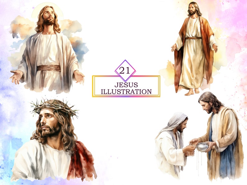 May include: A collection of 21 watercolor illustrations of Jesus in various poses. The illustrations depict Jesus with a crown of thorns, praying, and washing the feet of a disciple. The illustrations are set against a background of watercolor washes in shades of blue, purple, and pink.