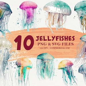 Watercolor Jellyfish Clipart Bundle, PNG & SVG, Watercolor Sublimation, Sea Animal Designs, Jellyfish Watercolor Clipart, Digital Download