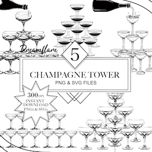 May include: A black and white illustration of a champagne tower with five tiers. The tower is made up of champagne flutes, and there is a bottle of champagne pouring into the top tier. The text "Champagne Tower" and "PNG & SVG Files" is below the tower.