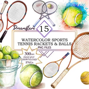 Watercolor Tennis Rackets & Balls Clipart PNG Bundle, scrapbooking png graphics, watercolour illustration, Commercial Use, Digital Download