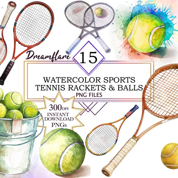 Watercolor Tennis Rackets & Balls Clipart PNG Bundle, scrapbooking png graphics, watercolour illustration, Commercial Use, Digital Download