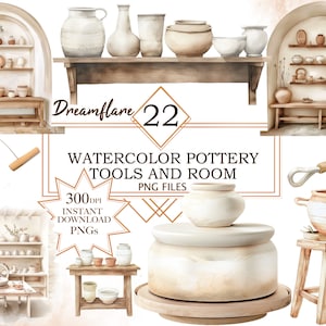 Puede incluir: Ilustración de acuarela de un estudio de cerámica con estantes llenos de cerámica, herramientas y un torno de alfarería. La imagen incluye un taburete de madera, una herramienta de cerámica y un torno de alfarería. El texto "Dreamflare 22 Watercolor Pottery Tools and Room PNG Files 300 DPI Instant Download PNGs" está incluido en la imagen.