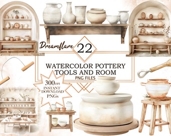 May include: Watercolor illustration of a pottery studio with shelves full of pottery, tools, and a pottery wheel. The image includes a wooden stool, a pottery tool, and a pottery wheel. The text "Dreamflare 22 Watercolor Pottery Tools and Room PNG Files 300 DPI Instant Download PNGs" is included in the image.
