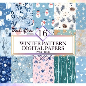 Könnte beinhalten: Ein Set mit 16 digitalen Winter-Musterpapieren im PNG-Format. Die Muster zeigen Schneeflocken, Bäume, Schneemänner und andere winterliche Designs in Blautönen, Weiß und Gold.