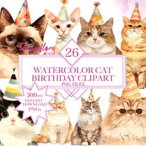 Watercolor Cat Birthday Clipart Bundle, Cute Cat PNG, Watercolor Clipart, Birthday PNG, Cats Clipart, Printable Digital File, Commercial Use