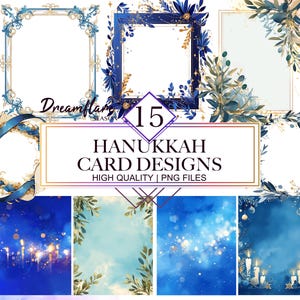 Hanukkah Card Designs PNG Bundle, Festival juif, Couronne de Hanoukka, Art juif Challah, Clipart festif, Téléchargement numérique, Utilisation commerciale