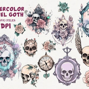 May include: Watercolour illustrations of skulls and roses in pastel colours. The skulls are surrounded by flowers and vines, and some have wings. The illustrations are in a gothic style.